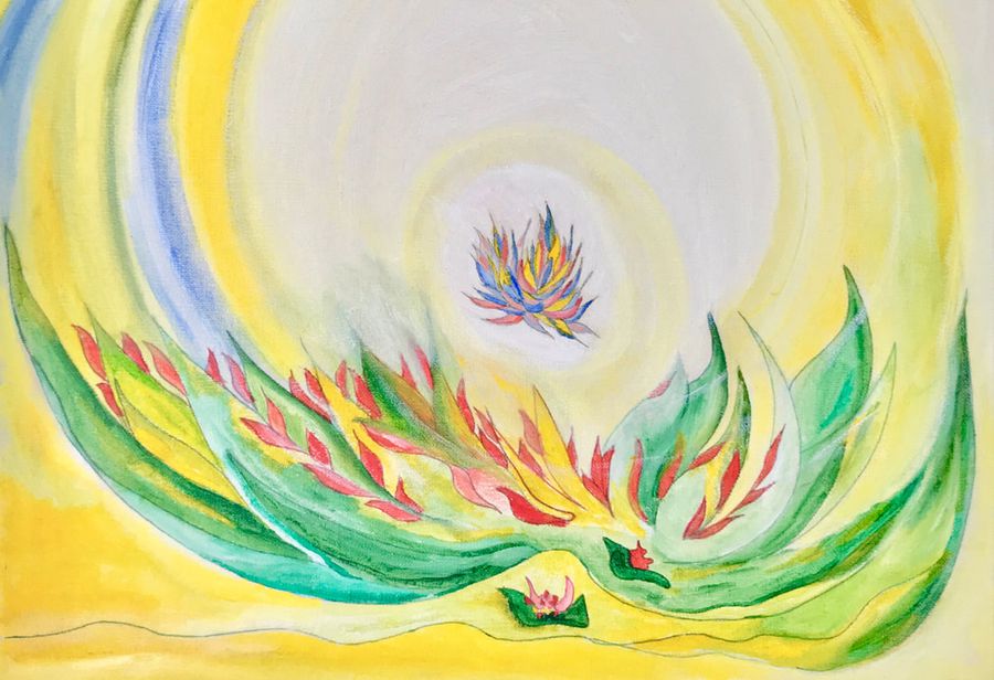 Peinture de Déborah Rouzel : une fleur bleue et rouge au cœur d'un tourbillon jaune et vert
