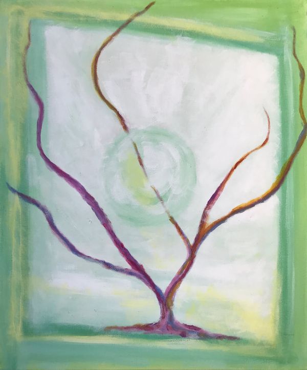 Peinture : un arbre aux branches fines sur un fond blanc encadré de vert, un cercle pâle au centre