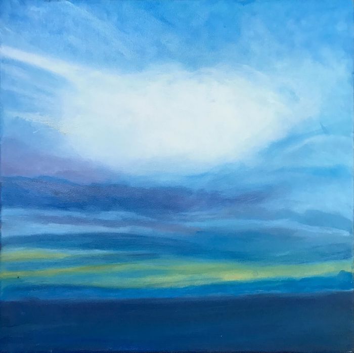 Peinture : un ciel bleu traversé d'une lumière blanche au-dessus d'un horizon marin