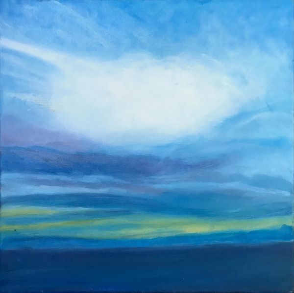 Peinture : un ciel bleu traversé d'une lumière blanche au-dessus d'un horizon marin