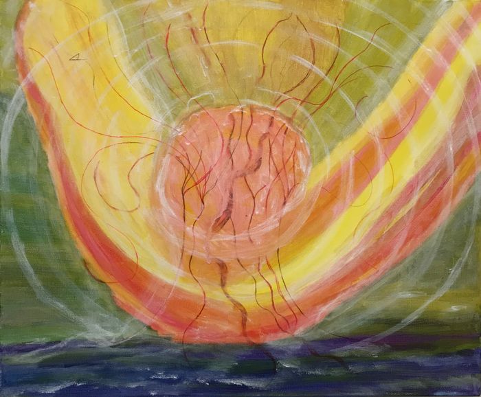 Peinture : un soleil rose et orangé entouré de grands arcs jaunes, rouges et violets