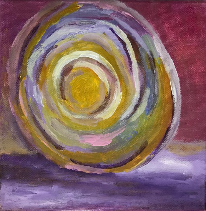 Peinture : une spirale concentrique jaune, blanche et violette