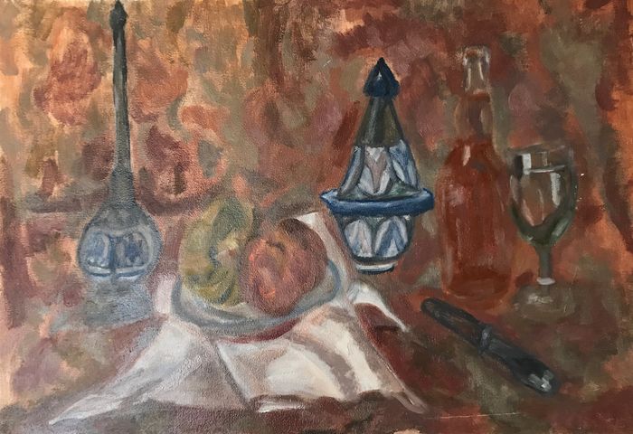 Peinture : nature morte de flacons et de verres dans des tons bruns et bleus