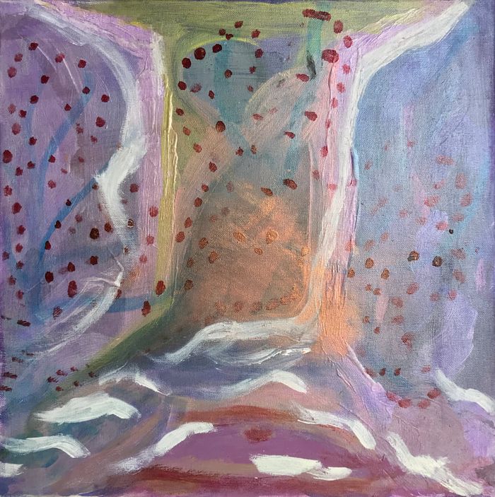 Peinture : deux arbres violets mouchetés de points sombres, de part et d'autre d'un passage clair