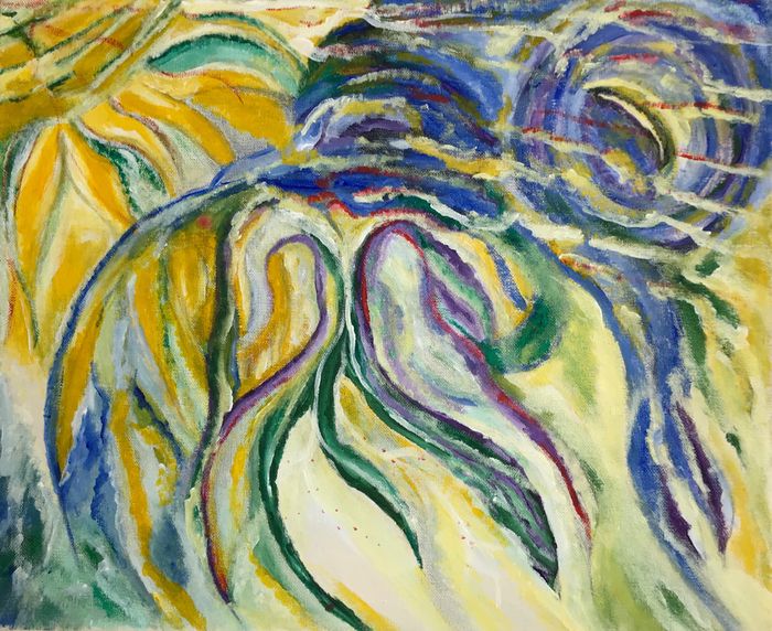 Peinture abstraite : volutes bleues, vertes et jaunes en gestes amples