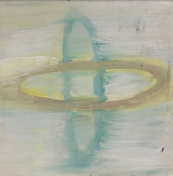 Peinture : une croix et un anneau jaune pâle sur un fond blanc et vert d'eau