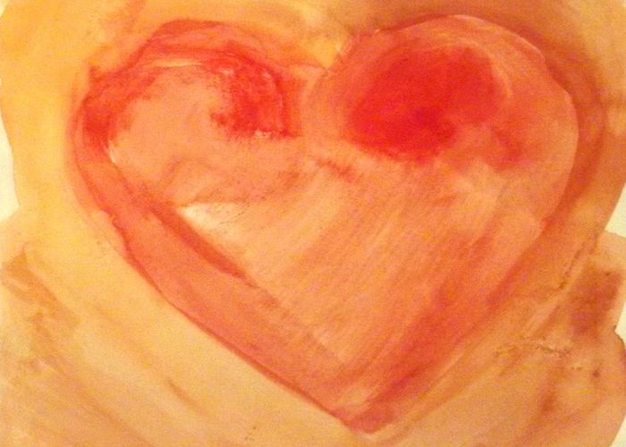 Aquarelle : un cœur rouge et orangé