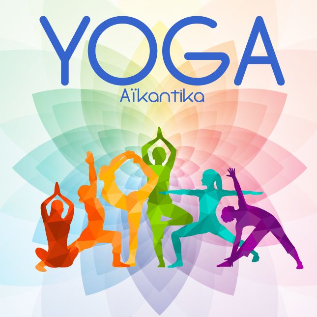 Affiche « Yoga Aïkantika » : des silhouettes colorées en postures de yoga devant un lotus